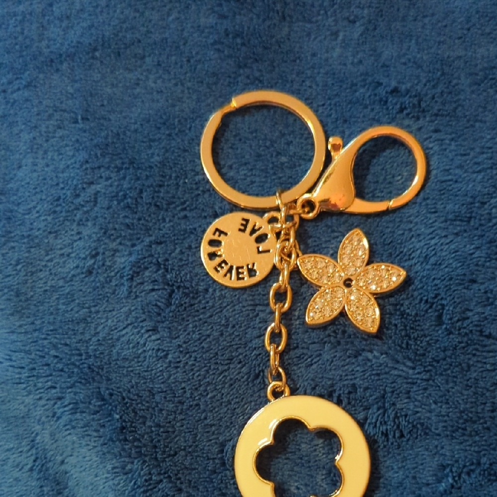 Forever Love Gold and White Flower Keychain. Sale